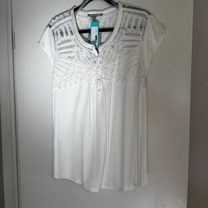 New with Tags!  DANIEL RAINN Salinka Crochet Detail Cotton Blend Knit Top White